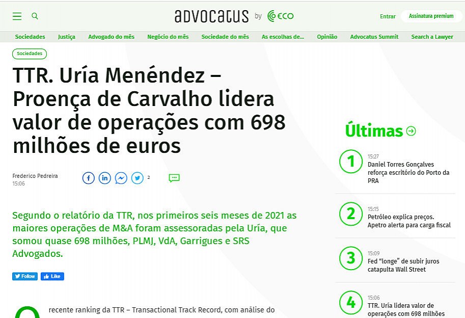 TTR. Ura Menndez  Proena de Carvalho lidera valor de operaes com 698 milhes de euros